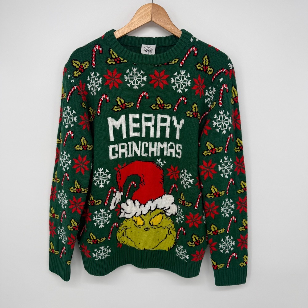 Dr. Seuss The Grinch Merry Grinchmas Christmas Sweater Green Mens Large L Unisex